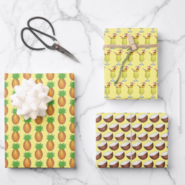 Piña Colada Puerto Rico Cocktail Pineapple Coconut Wrapping Paper Sheets (Front)
