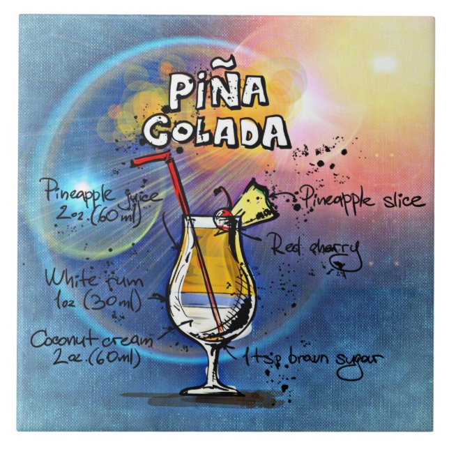 Pina Colada Recipe Bar Blue Ceramic Tile (Front)