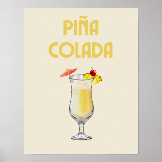 Pina Colada Yellow Retro Cocktail Poster (Front)