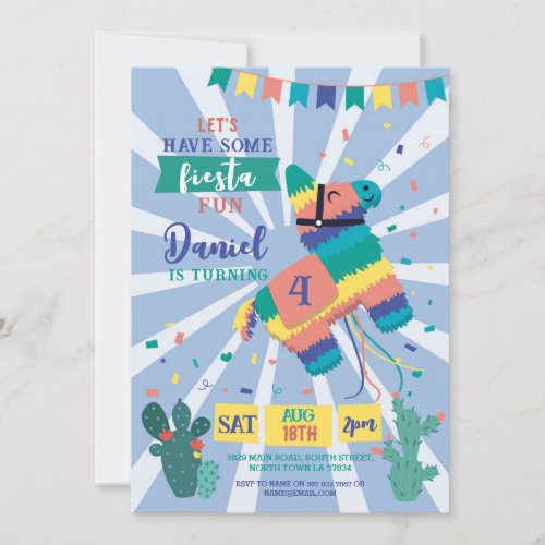 Piata Birthday Party Blue Fiesta Kids Mexican  Invitation