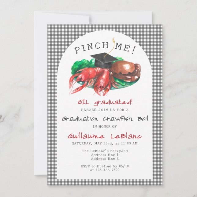 Pinch Me! Funny Seafood Crawfish Boil Graduation Invitation (Front)