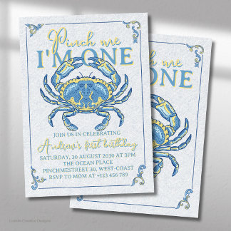 Pinch Me I'm One First Ocean Crab Birthday Invitation
