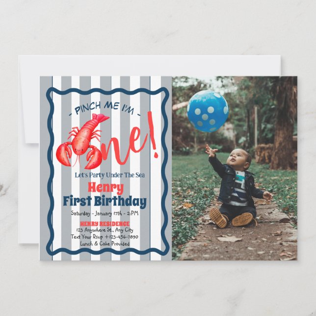 Pinch Me, I'm One Lobster Boy 1st Birthday Party  Invitation (Front)