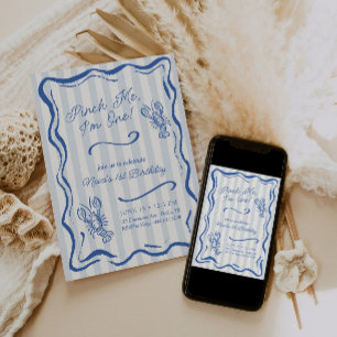 Pinch Me I'm One Stripe Lobster 1st Birthday Invitation