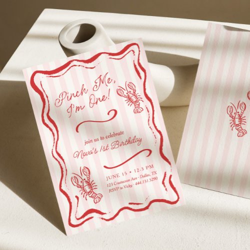 Pinch Me I'm One Stripe Lobster 1st Birthday Invitation