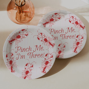 Pinch Me I'm Three Retro Lobster Pink 3rd Birthday Paper Plates