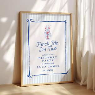 Pinch Me I'm Two Vintage Lobster Blue 2nd Birthday Poster