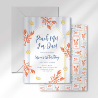 Pinch Me Lobster Birthday Coastal Stripes Invitation