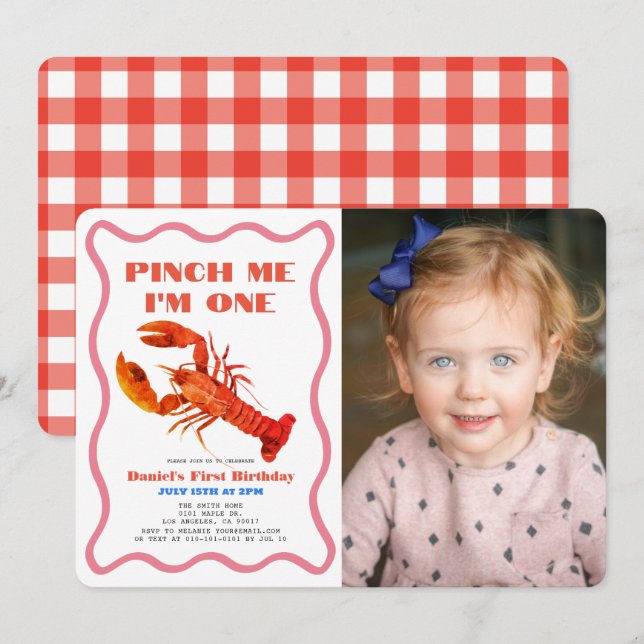 Pinch Me Retro Crawfish Photo 1st Birthday Invitation (Front/Back)