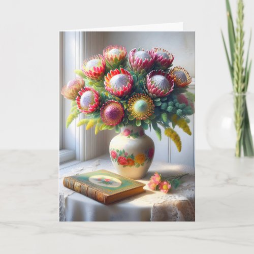 Pincushion Protea Bouquet With Old Book Card