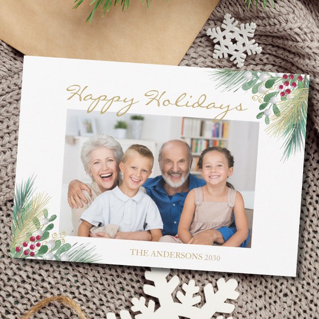 Pine And Berries Photo Happy Holidays Holiday Card (Creator Uploaded)