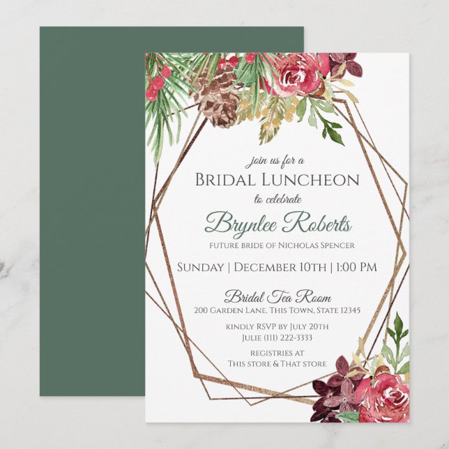 Pine and Berries Winter Floral Bridal Luncheon Inv Invitation (Front/Back)