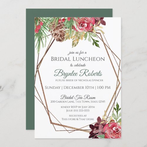 Pine and Berries Winter Floral Bridal Luncheon Inv Invitation