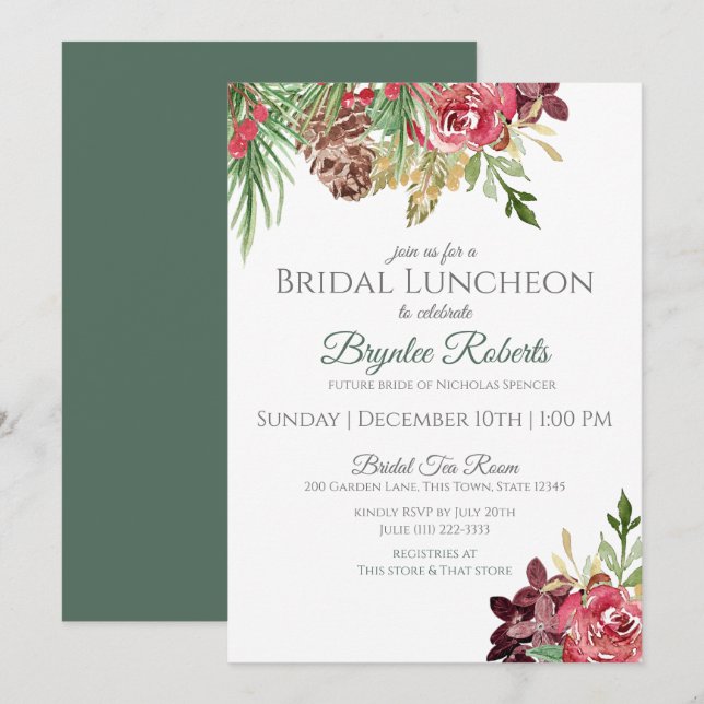 Pine and Berries Winter Floral Bridal Luncheon Invitation (Front/Back)