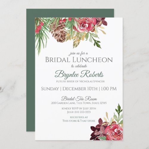 Pine and Berries Winter Floral Bridal Luncheon Invitation