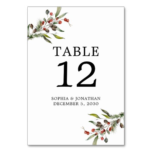 Pine and Berries Winter Wedding Personalized Table Number