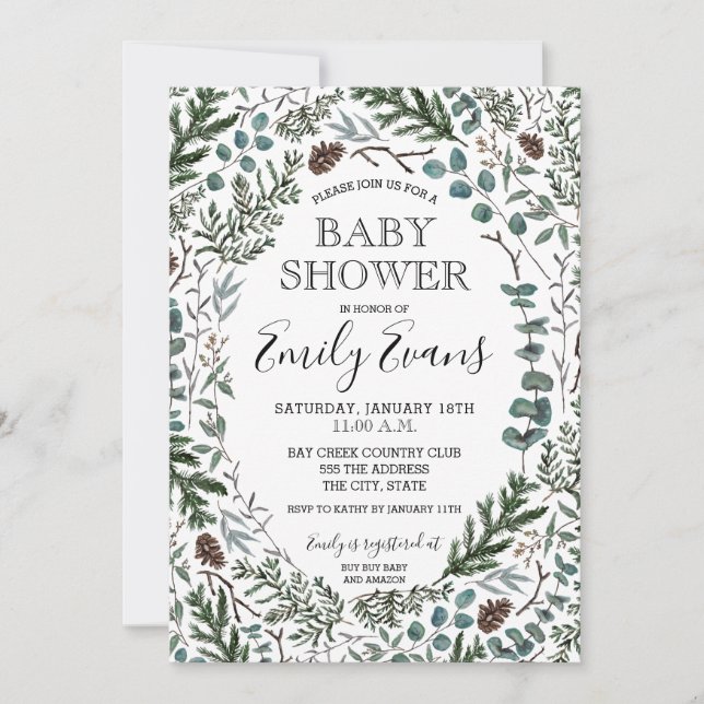 Pine and Eucalyptus Baby Shower Invite (Front)
