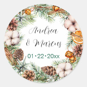 Pine and Oranges Wedding Wreath Classic Round Sticker