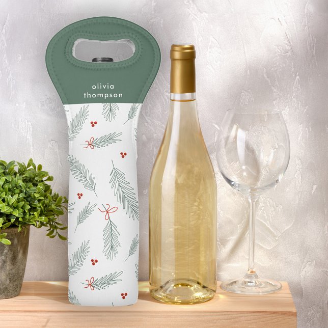 Pine and Winterberries Pattern Personalized Wine Bag (Creator Uploaded)