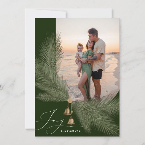 Pine  Bells Vertical Holiday Photo Card Green