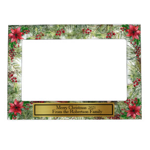 Pine, Berries and Poinsettias - Personalized Magnetic Frame