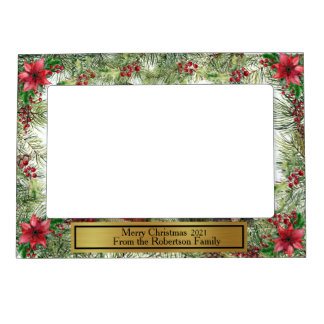 Pine, Berries and Poinsettias - Personalized Magnetic Frame