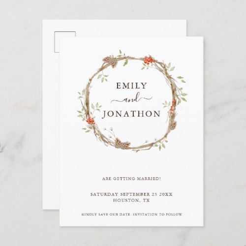 Pine Berries Christmas Wedding Save The Date Annou Announcement Postcard