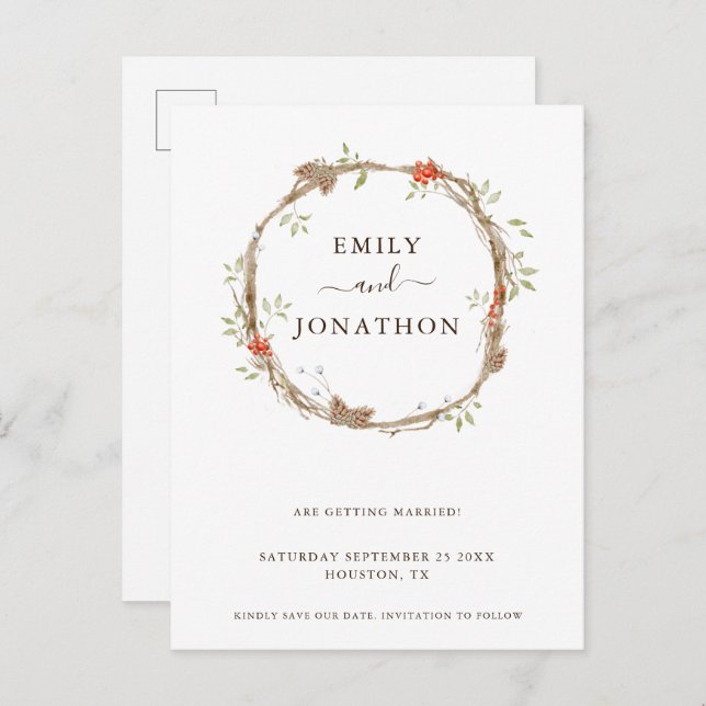 Pine Berries Christmas Wedding Save The Date Annou Announcement Postcard (Front/Back)