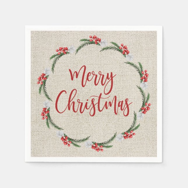 Pine Berries Flowers Merry Christmas Paper Napkins (Front)