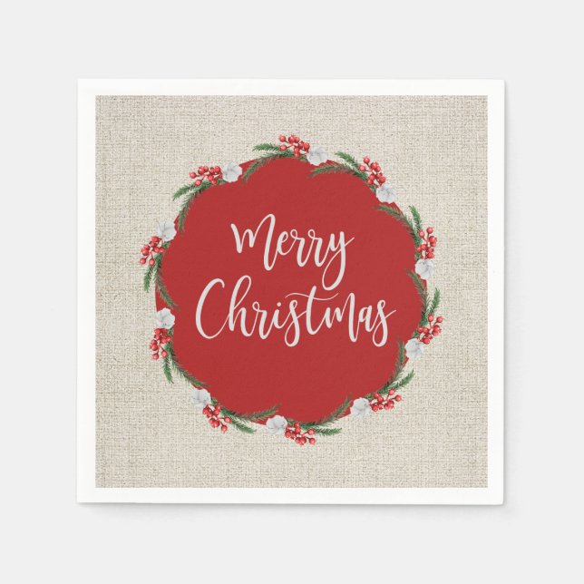 Pine Berries Flowers Merry Christmas Paper Napkins (Front)