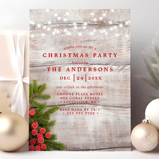 Pine Berries String Lights Wood Christmas Party Invitation (Creator Uploaded)
