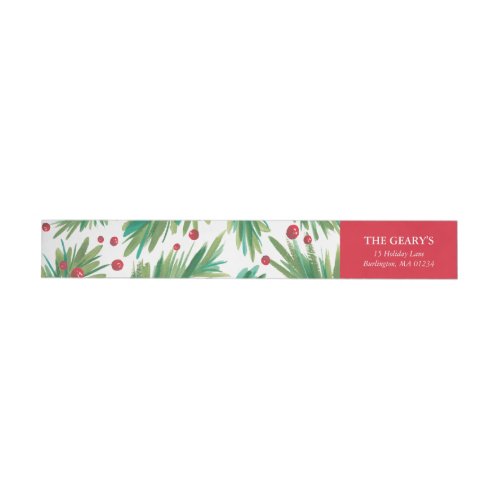 Pine  Berries Watercolor  2016 Chrismas Return Wrap Around Label