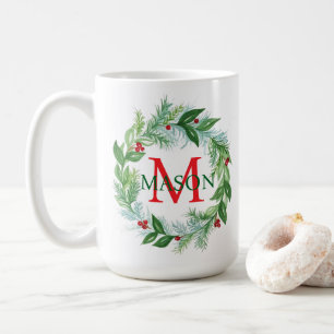 Pine Berries Wreath Monogram Christmas Coffee Mug