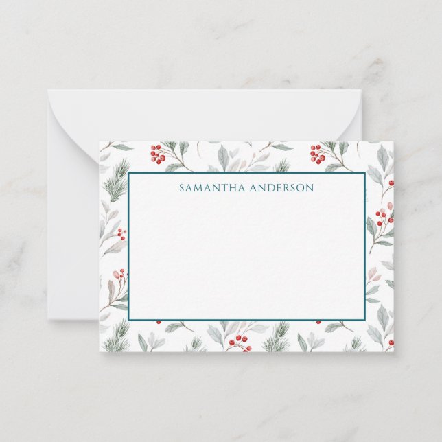 Pine Berry Personalized Christmas Flat Note Card (Front)