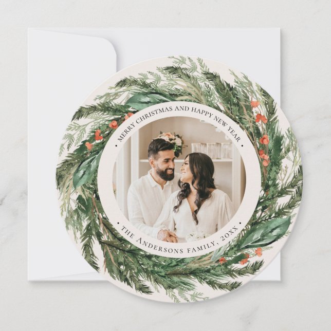 Pine & Berry Watercolor Photo Round Christmas  Card (Front)