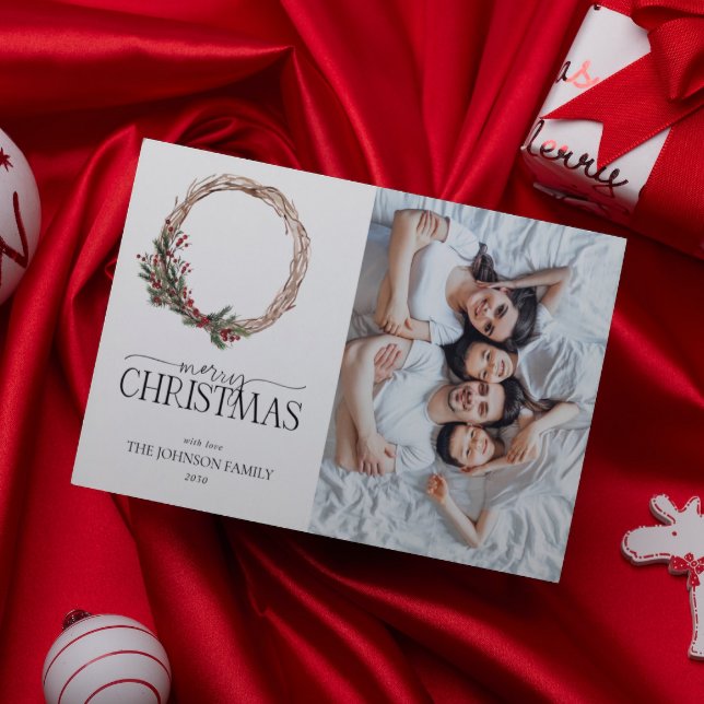 Pine Berry Wreath Merry Christmas Script Photo Hol Holiday Card (To spread some cheer this year, here's a special Christmas card for you all to enjoy!)