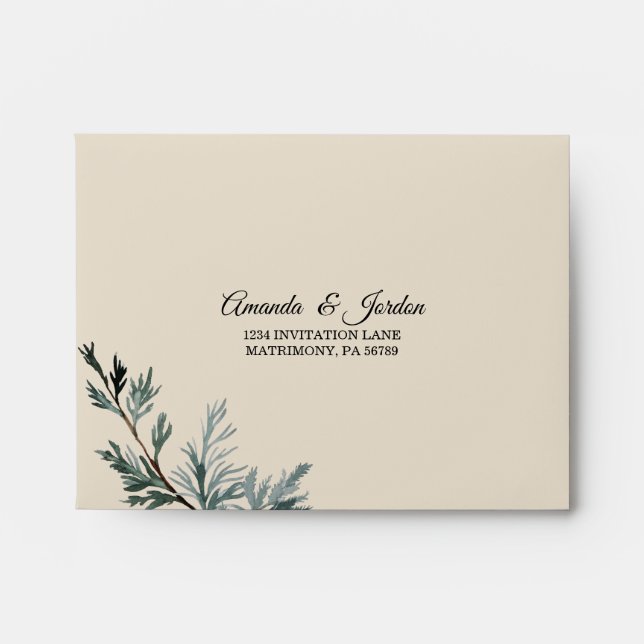 Pine Blue Winter Wedding coordinate RSVP Envelope (Front)