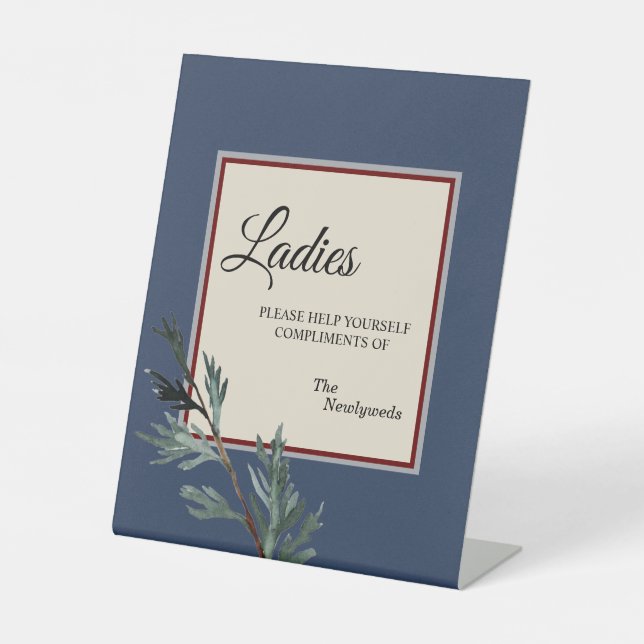 Pine Blue Winter Wedding Ladies Bathroom Pedestal Sign (Front)
