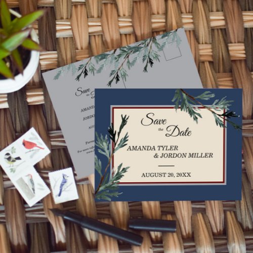 Pine Blue Winter Wedding Save the Date Postcard