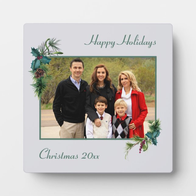 Pine Bough and Berry Frame Christmas Photo Plaque (Front)