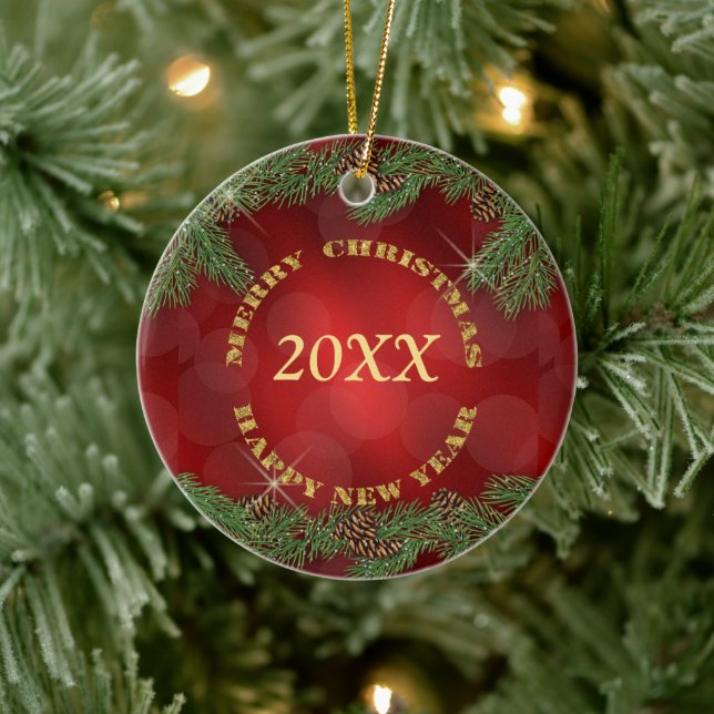Pine Bough Gold Text Red Christmas Ceramic Ornament (Tree)