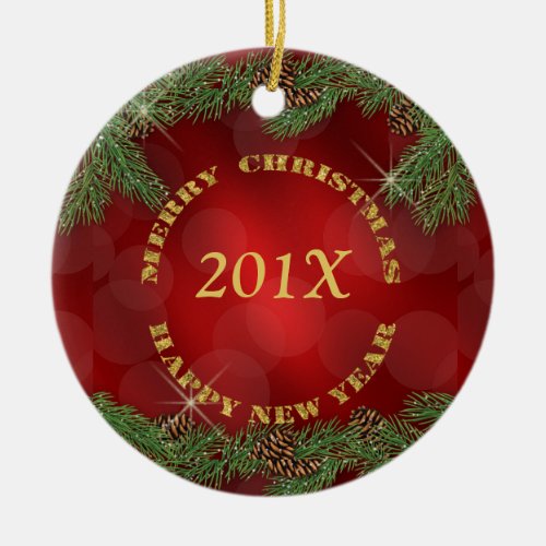 Pine Bough Gold Text Red Christmas Ceramic Ornament