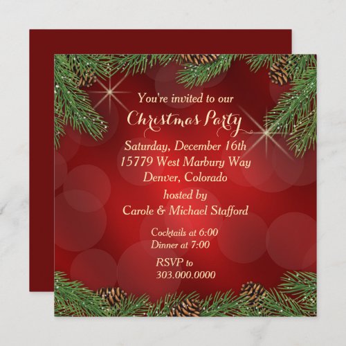 Pine Bough Red Gold Christmas Party Invitation