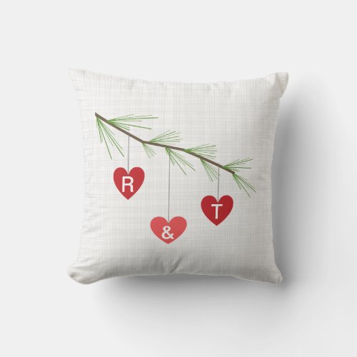 Pine Bough  Red Hearts Monogram Valentine Pillow