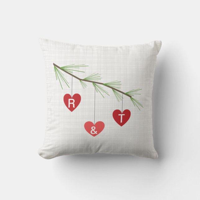 Pine Bough & Red Hearts Monogram Valentine Pillow (Front)