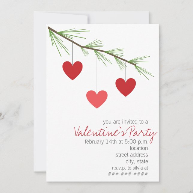 Pine Bough & Red Hearts Valentine's Party Invite (Front)
