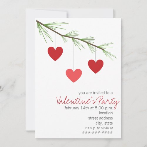 Pine Bough  Red Hearts Valentines Party Invite