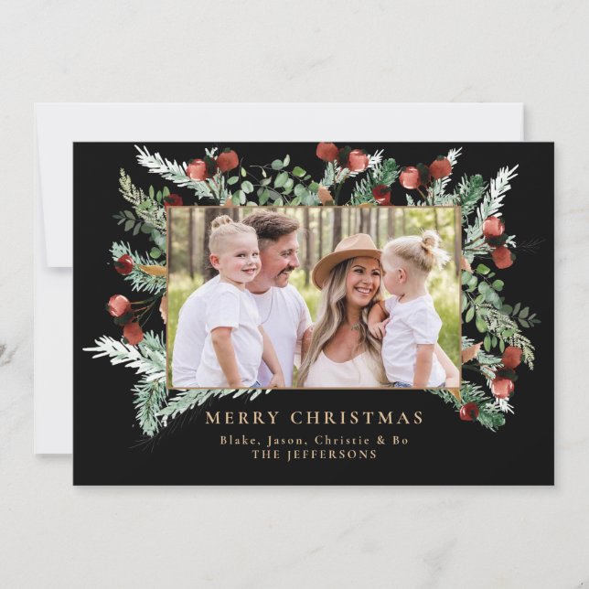 Pine Boughs & Berries Photo Black Christmas (Front)