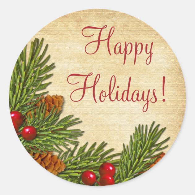 Pine Boughs Holly Berries Xmas Christmas Classic Round Sticker