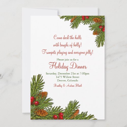 Pine Boughs Holly Christmas Holiday Party Invitation
